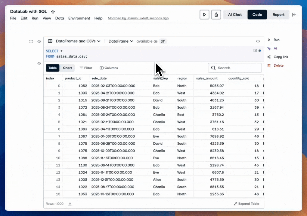 GIF of DataLab typing in the SQL code and running the cell