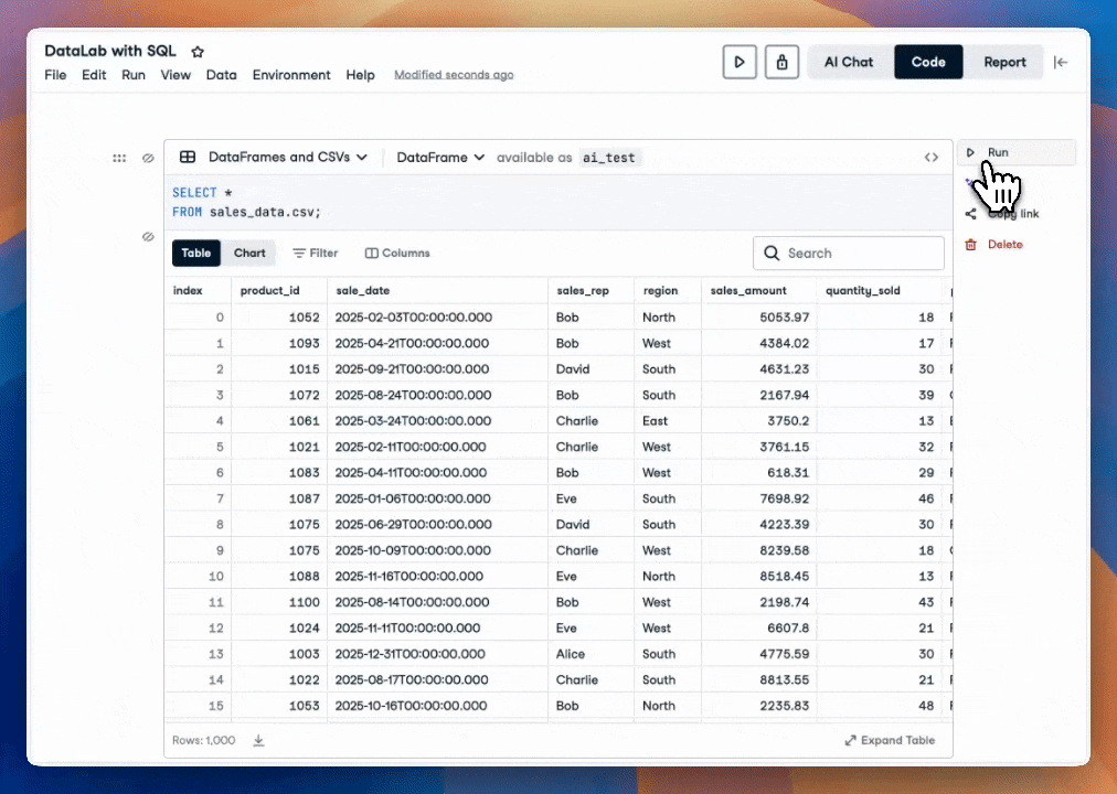 GIF of DataLab using the AI assistant to generate code