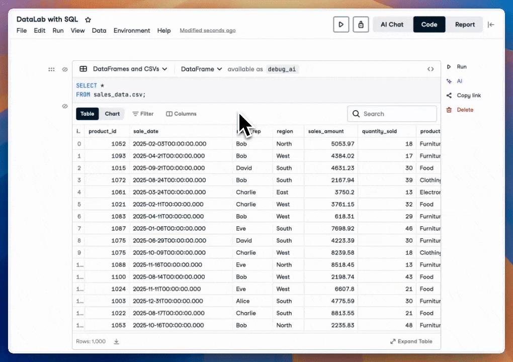 GIF of DataLab showing use of the AI assitant to debug code