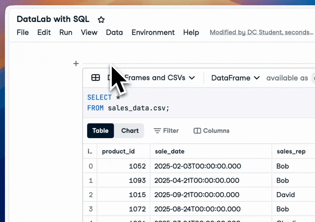 GIF of DataLab showing an example of using a Python variable within a query