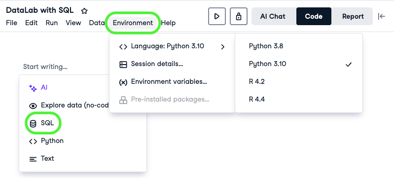 DataLab environment drop down showing the SQL cell options within the workbook