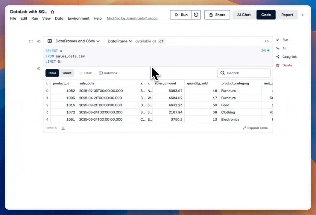 GIF of DataLab showing the two options of where to find the version history