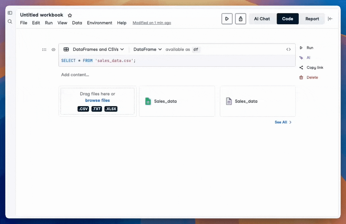 GIF of Explore and Chart cells using the sales data