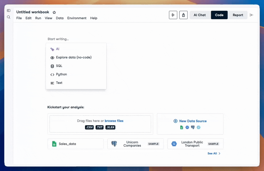 GIF of DataLab showing a CSV file being dragged into a new workbook