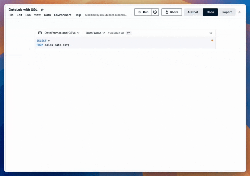 GIF of DataLab showing the naming, storing, and reusing of a DataFrame