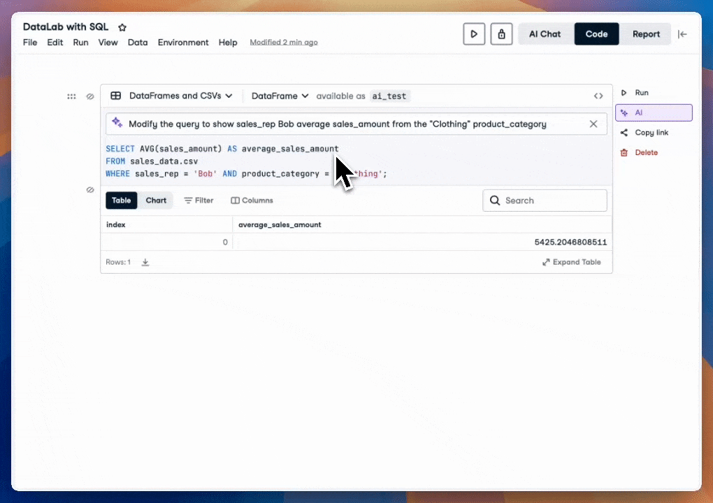 GIF of DataLab showing the use of the AI assistant to generate code