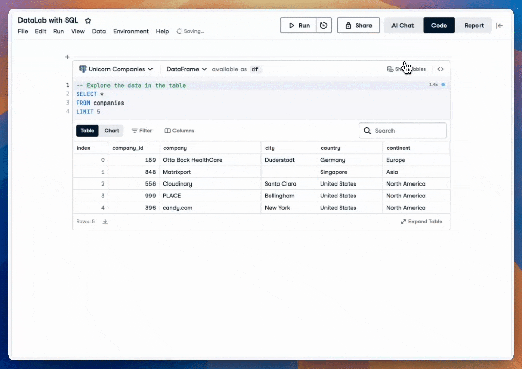 GIF of DataLab showing storing and reusing a query