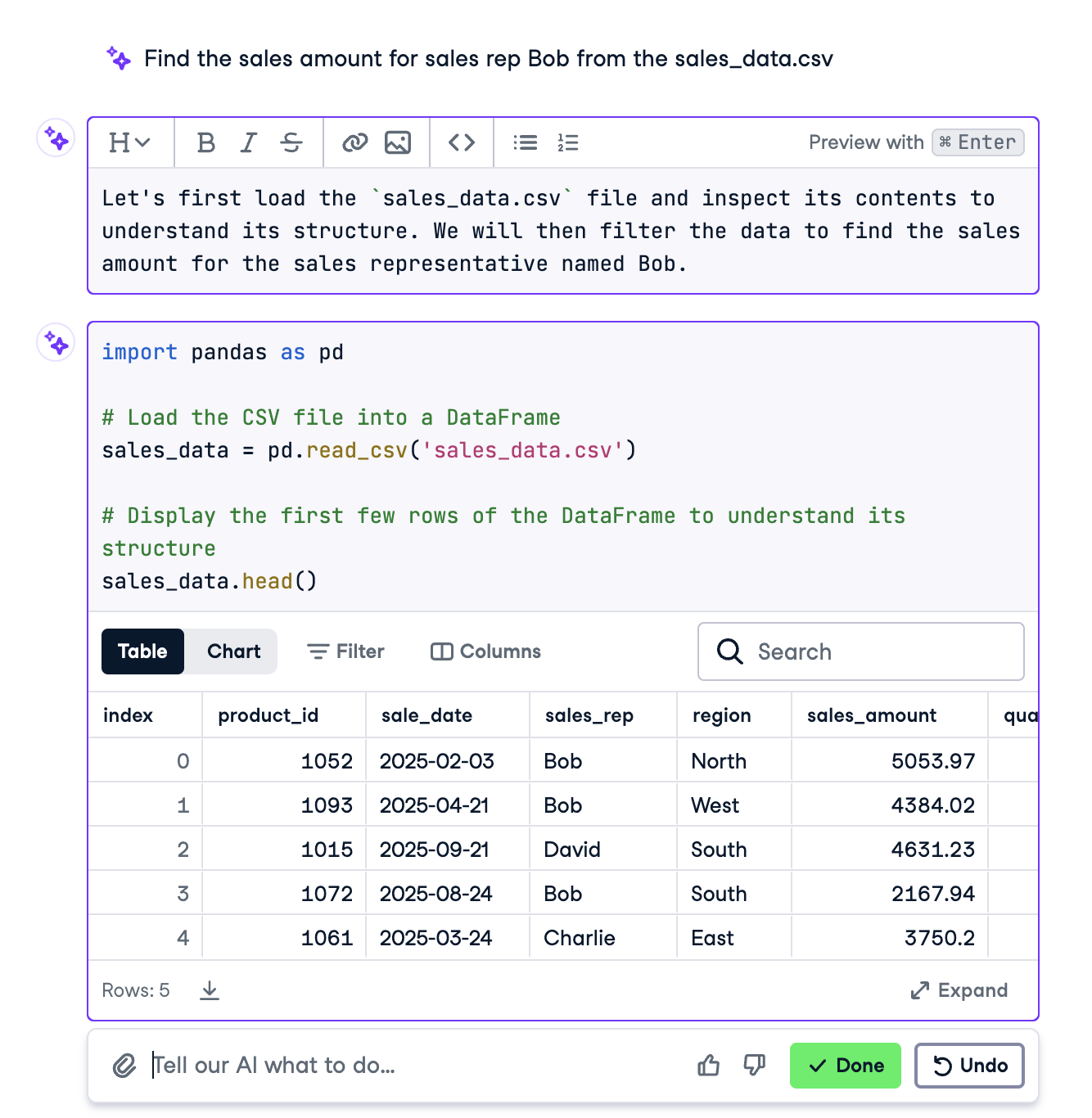 View of Datalab using the AI tool with Python