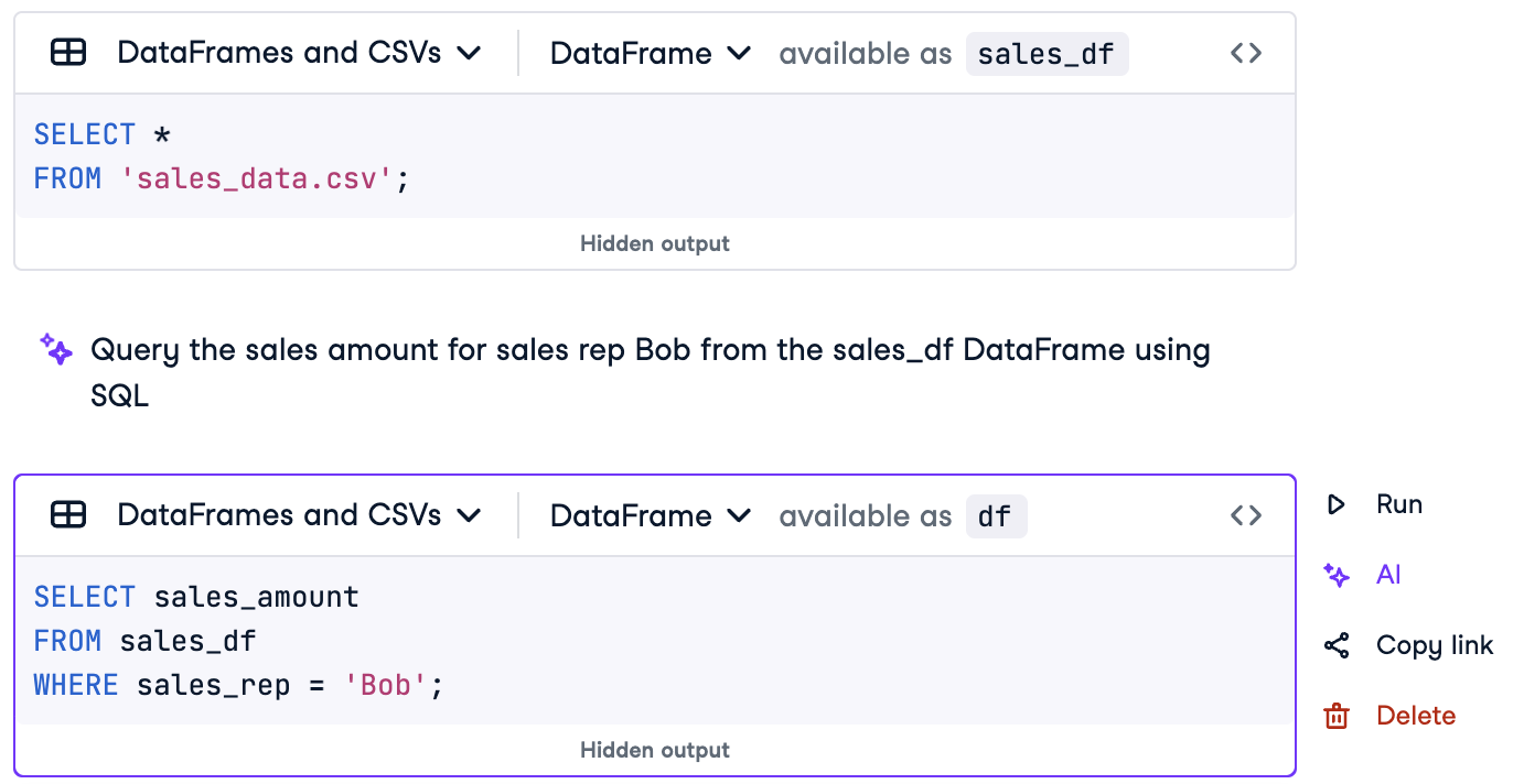 View of Datalab using the AI tool with SQL