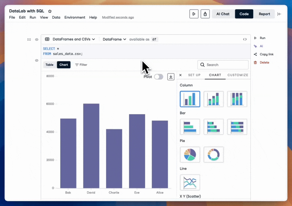GIF of DataLab showing the categories options