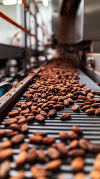 Cacao beans being sifted in a factory environment