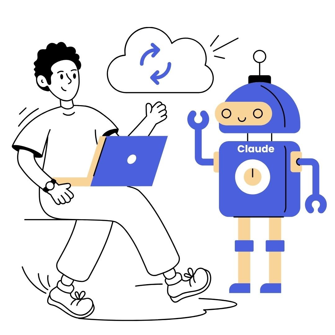 Illustration of a smiling person using a laptop, giving a thumbs up to a blue robot labeled “Claude,” with a cloud sync icon above them, representing collaboration or interaction with Claude.