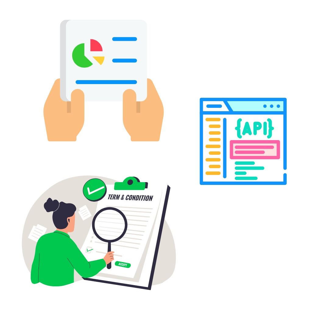 A page representing a summarized doc, a window open on an API coding repository, and a person reading a formal doc
