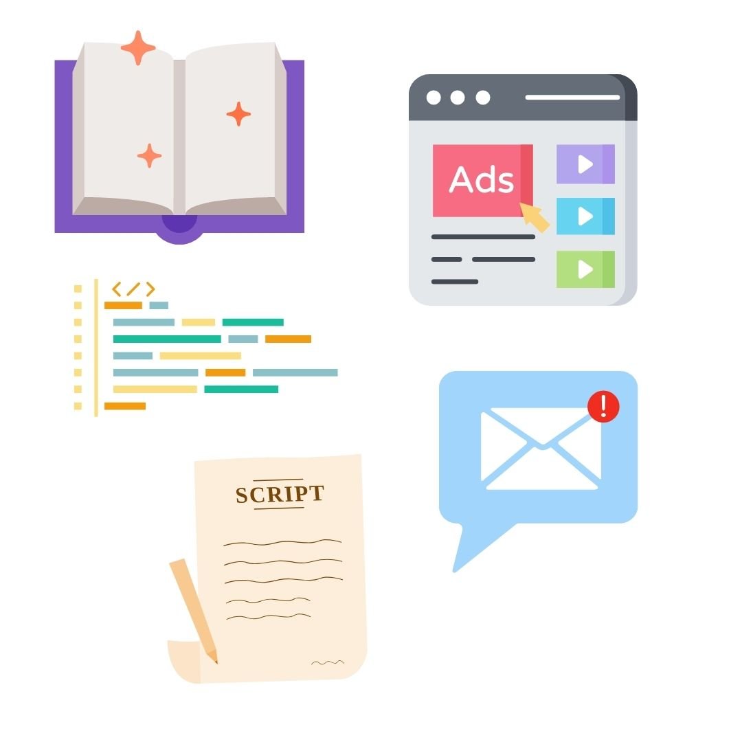 An open book, a webpage showing marketing copy, a code snippet, an email, and a script