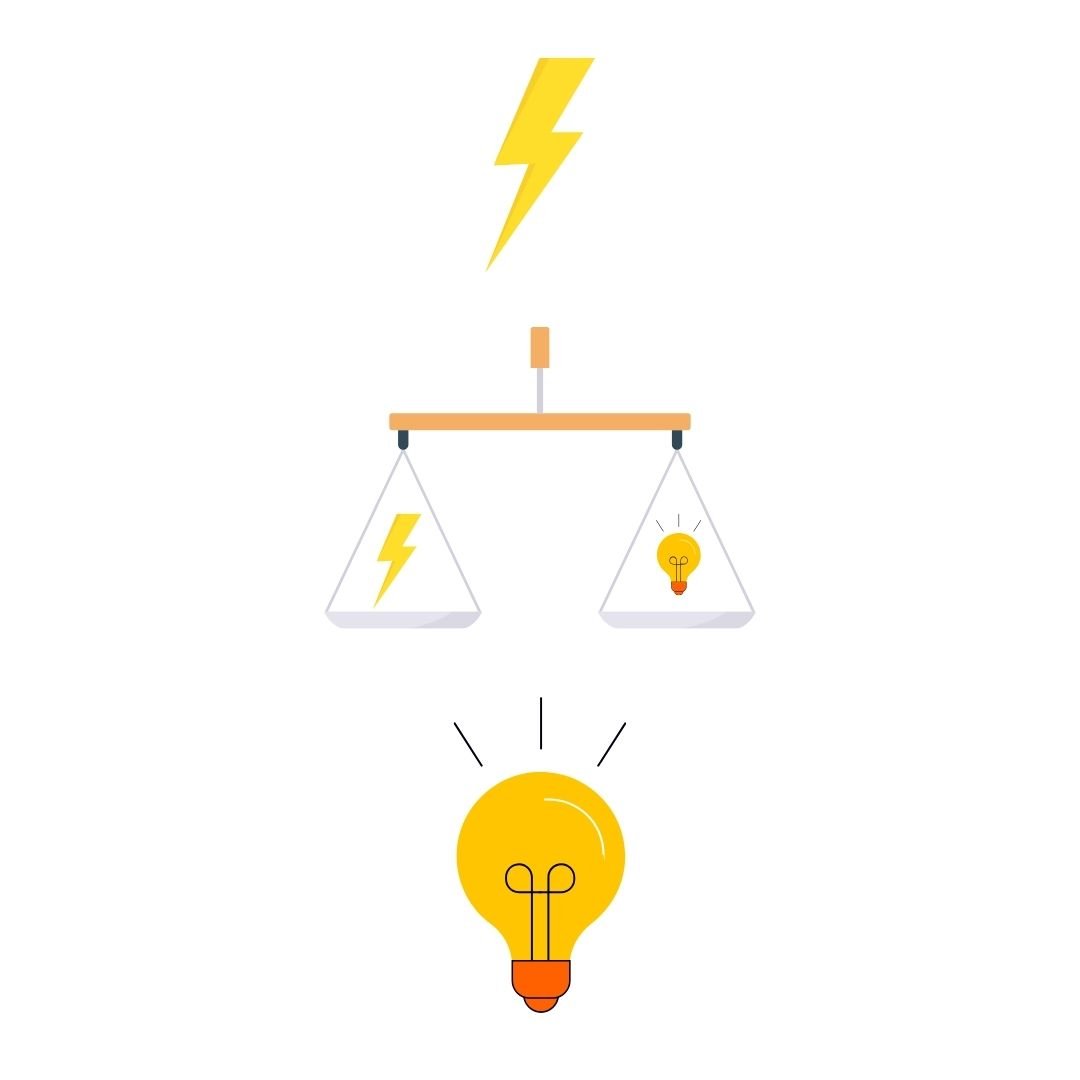 Illustration of a balanced scale with a lightning bolt on the left and a glowing lightbulb on the right, representing energy and insight. A large illuminated lightbulb sits below the scale.