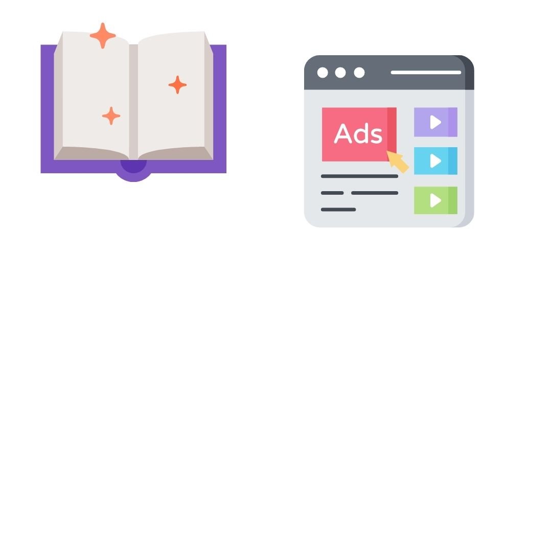 An open book and a webpage showing marketing copy