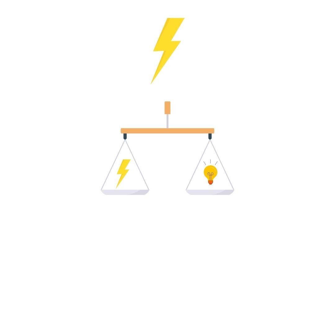 Illustration of a scale balancing a lightning bolt on the left and a lightbulb on the right, symbolizing the tradeoff between raw power and thoughtful output.