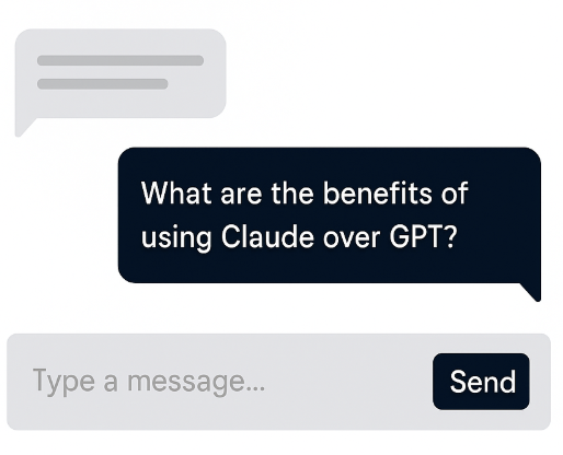 Chat interface showing a user prompt that reads “What are the benefits of using Claude over GPT?” with a message input field and "Send" button below.