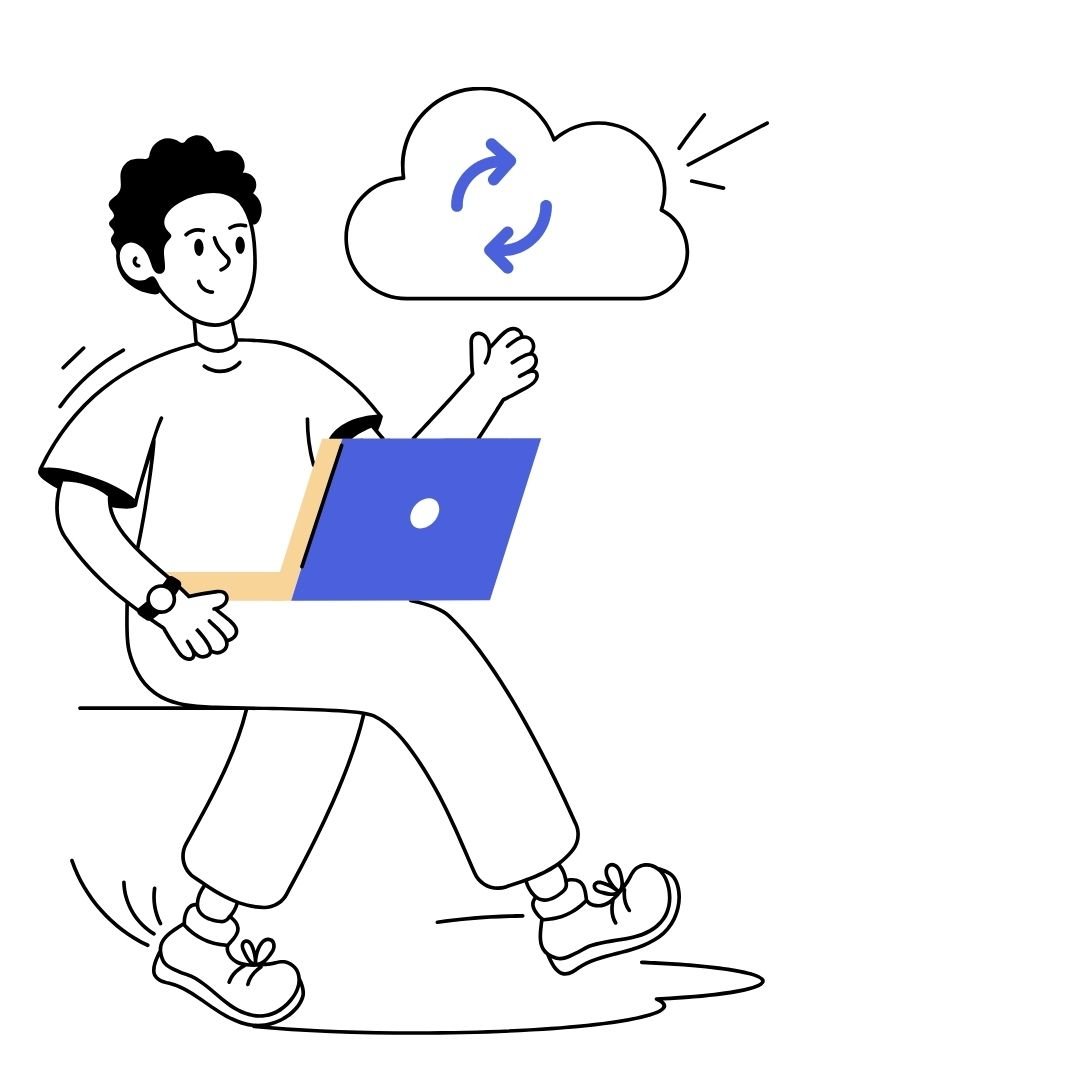 Illustration of a person sitting with a laptop and pointing at a cloud icon with a sync symbol, representing cloud-based interaction or data flow.