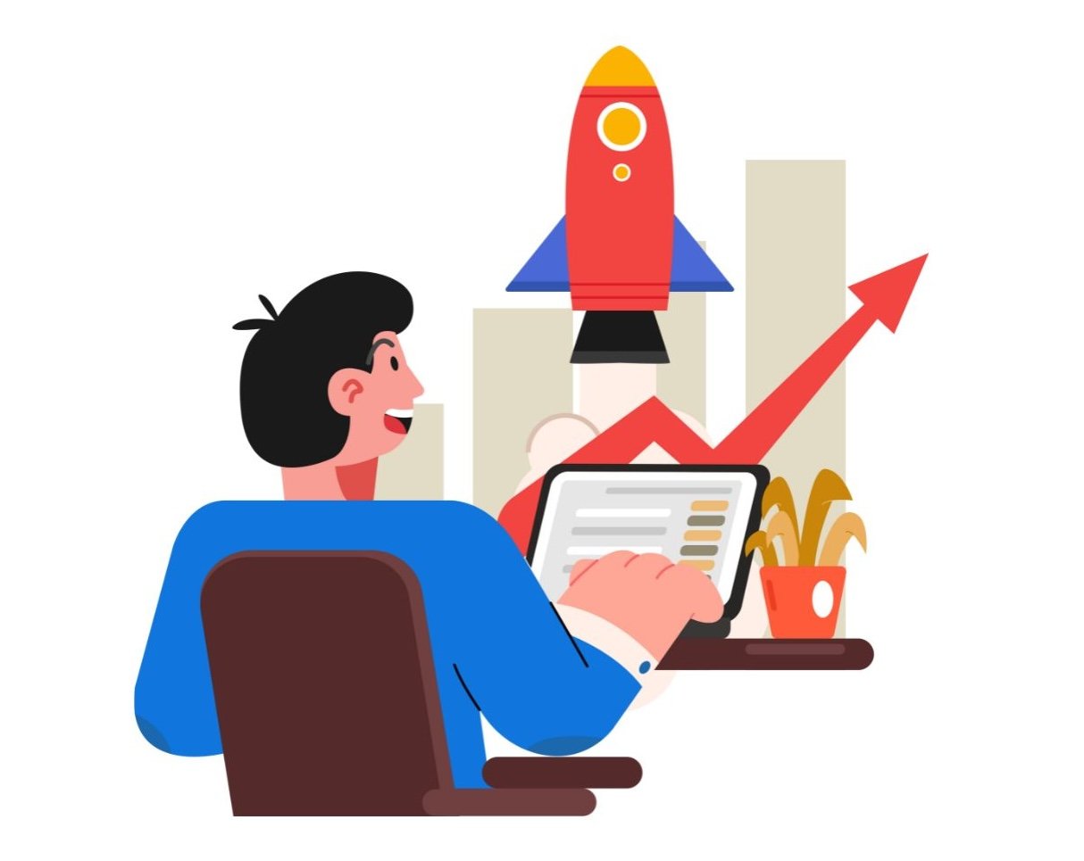Person sitting on a laptop with an upwards chart and rocket