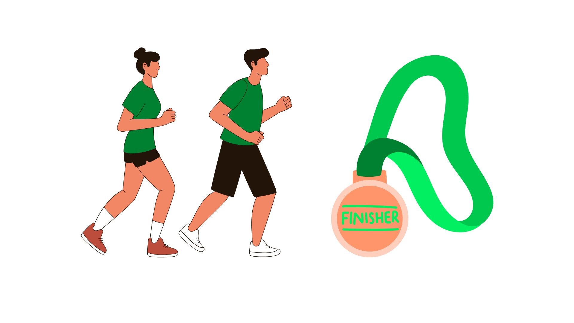 Two people running with finisher medal