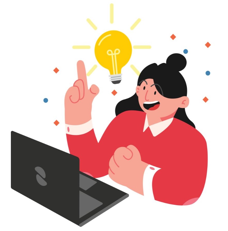 Person with laptop and a bright bulb above their head