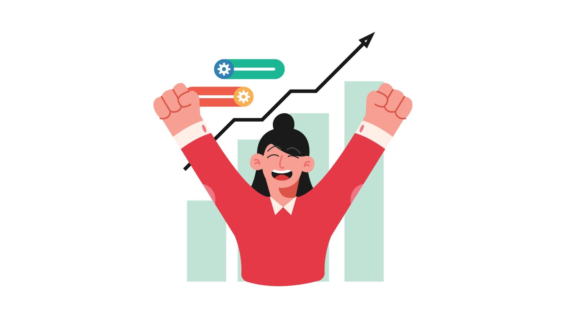 Person with their arms raised in front of an upward trending chart
