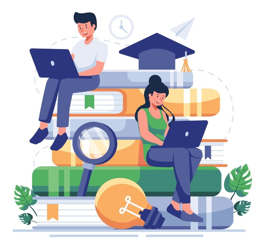 Two people with their laptops sitting on a stack of books