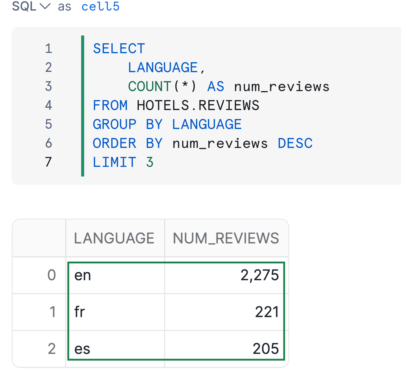 Query of course data showing top 3  review languages