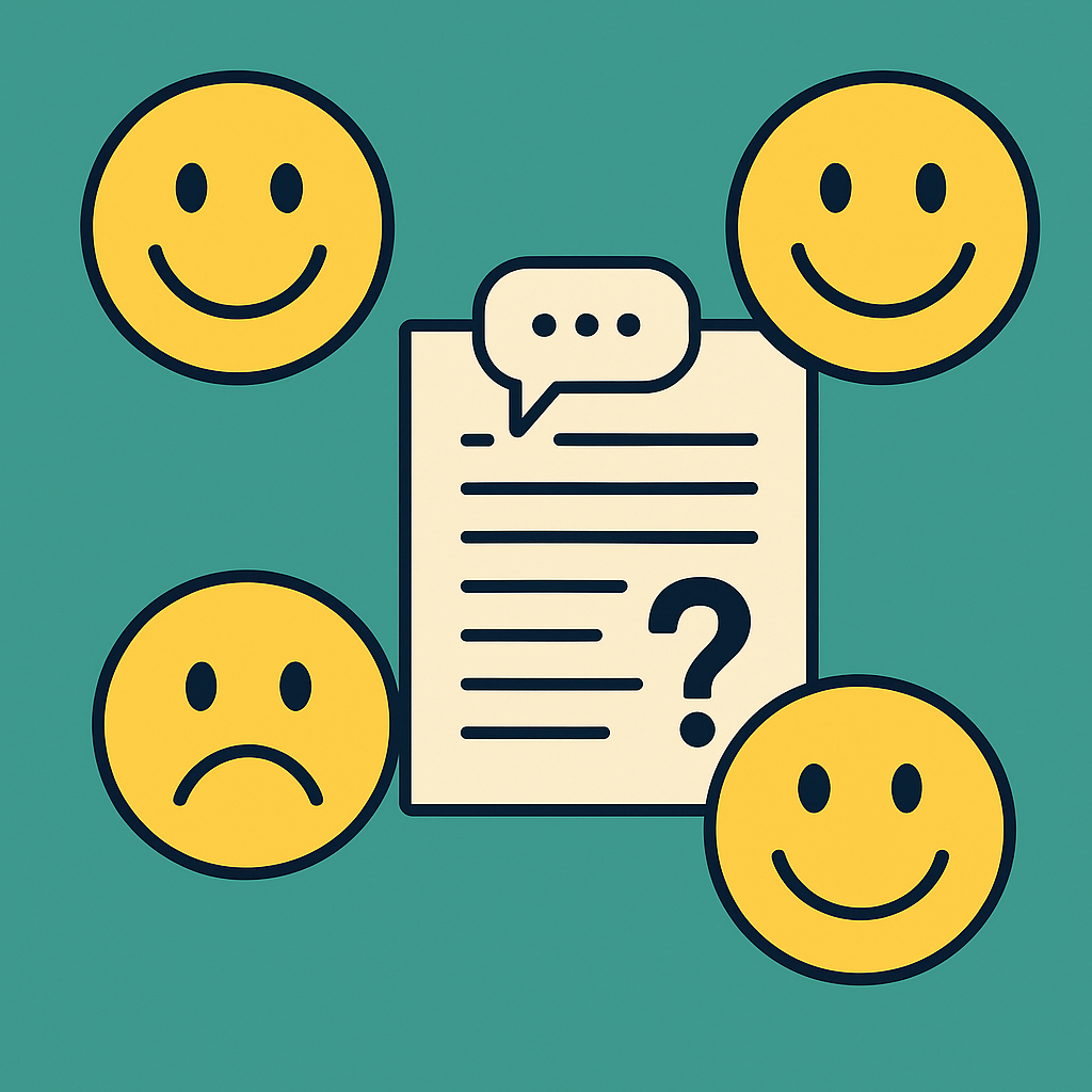 A document with a question mark surrounded by emojis with smiling or sad faces, representing that we do not know what each review is about