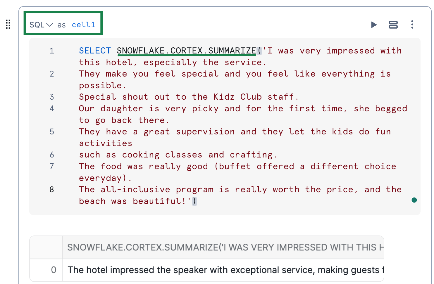 Running summarize in the SQL cell