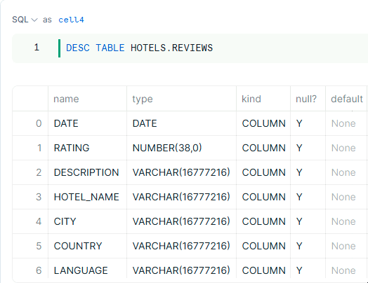 Description of course data detailing columns - date, rating, description, hotel_name, city, country, and language - and data types