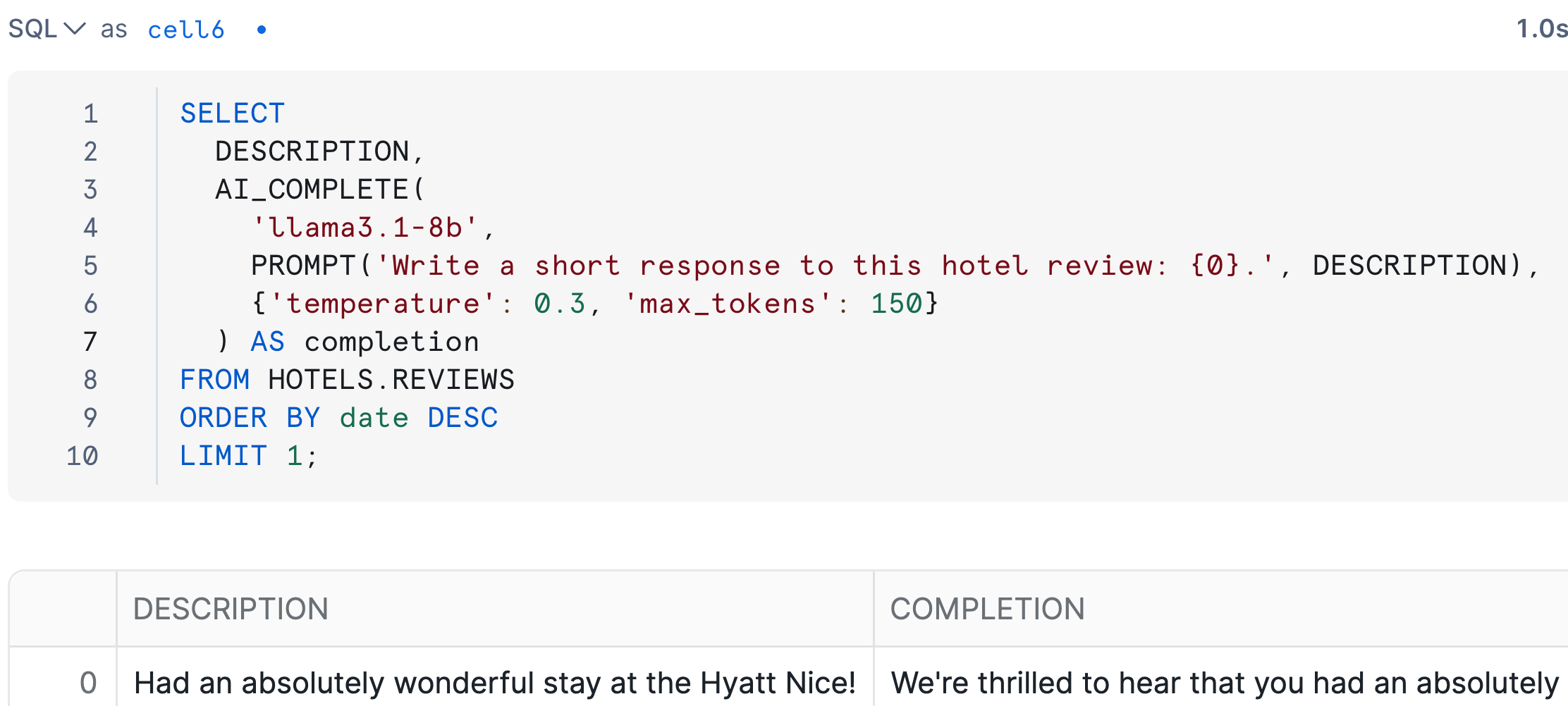 AI_COMPLETE() output in Snowflake notebook