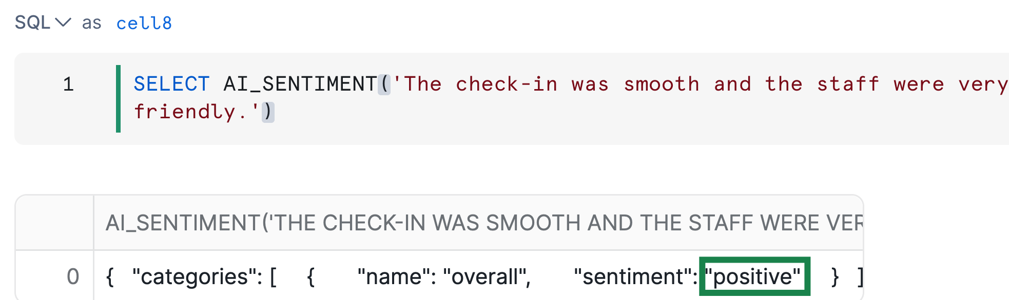AI_SENTIMENT in a SQL cell