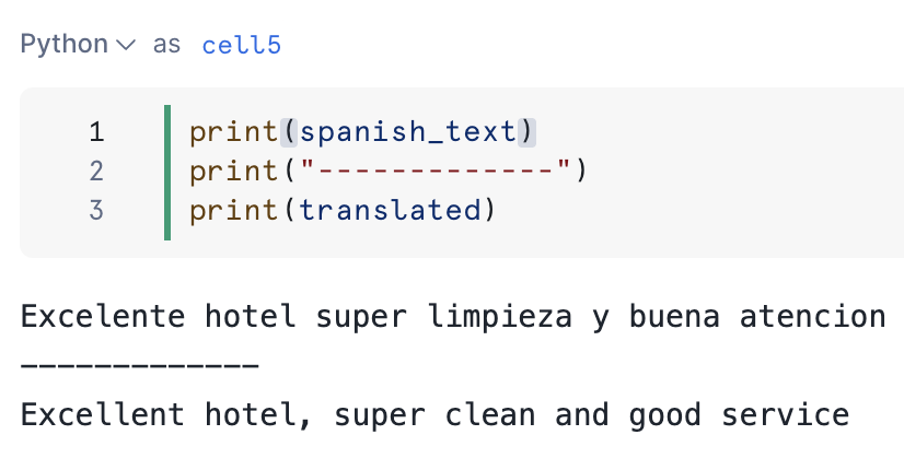 Print statements containing the original Spanish text and the translated review