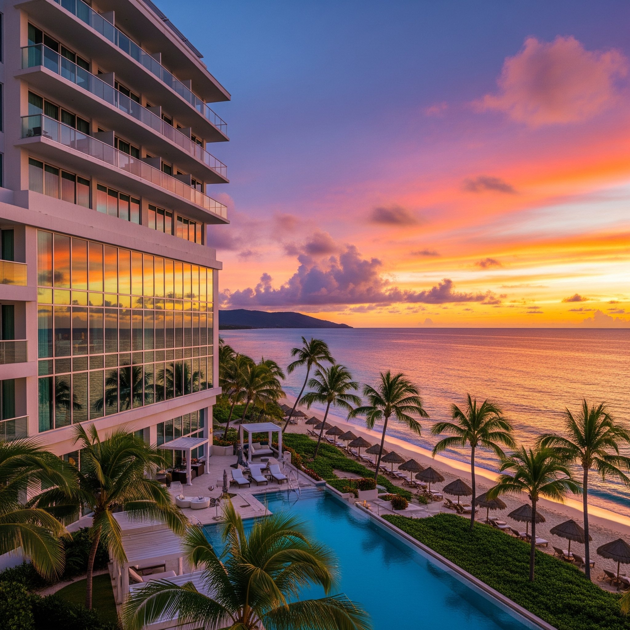 Hotel on the coast at sunset