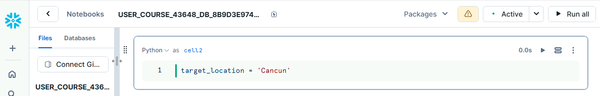 Creating a Python variable called target_location, assigning a value of Cancun