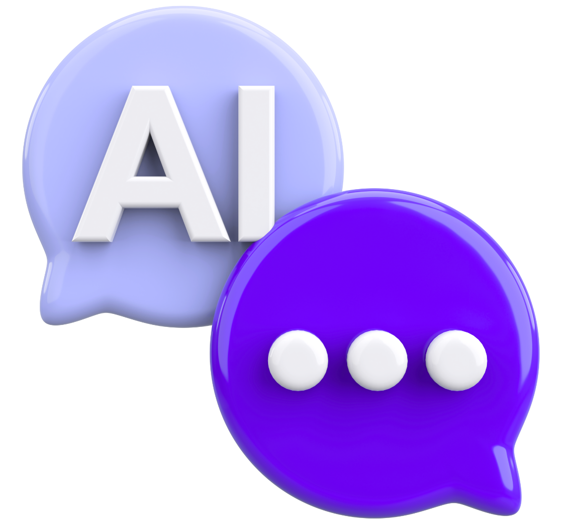 3D illustration of a speech bubbles, one with AI and one with ellipsis
