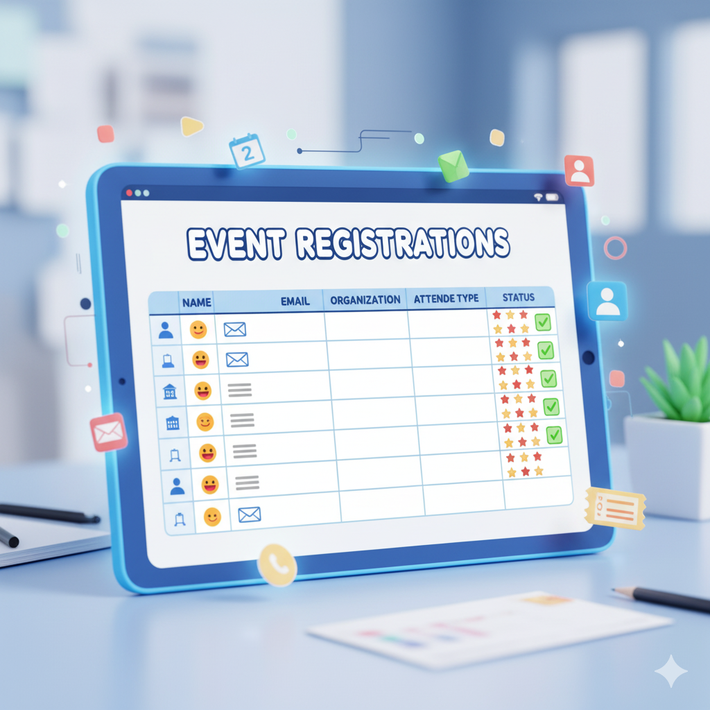 Vectorized image showing a laptop screen with a sheet for event registrations data