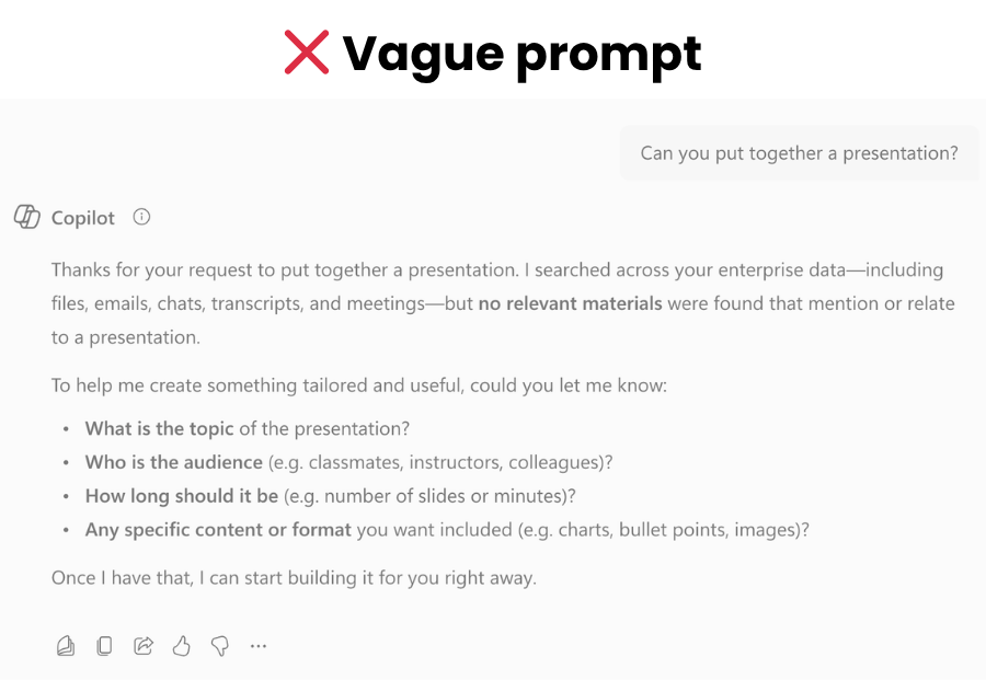 Screenshot showing specific prompts in Copilot