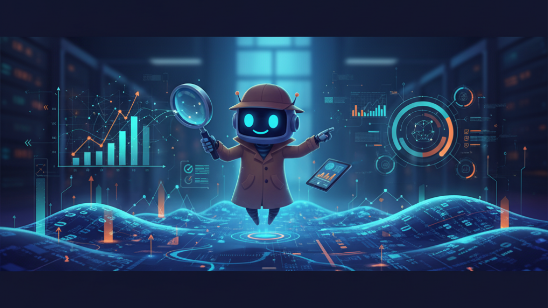 AI generated image showing a robot acting as a detective