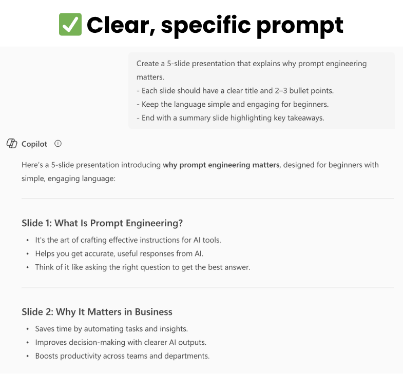 Screenshot showing specific prompt in Copilot, illustrating how clear prompts produce better results