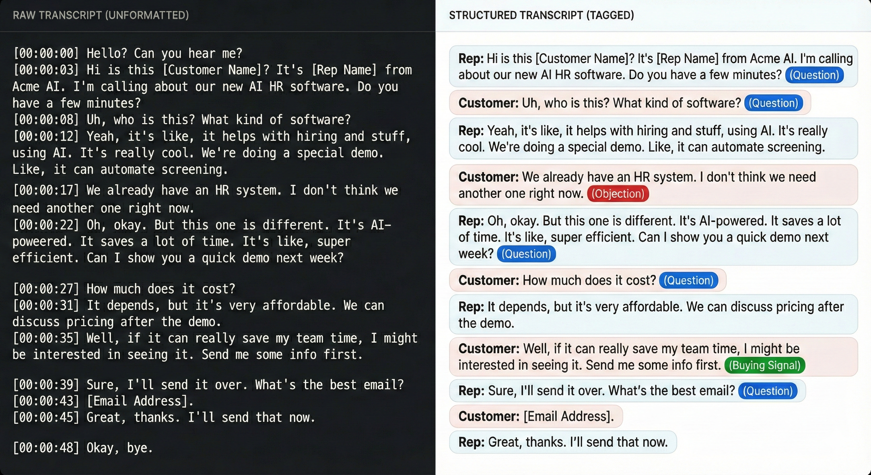Split screen showing raw transcript on left as dense unformatted text, and structured transcript on right with clear speaker labels and color-coded tags