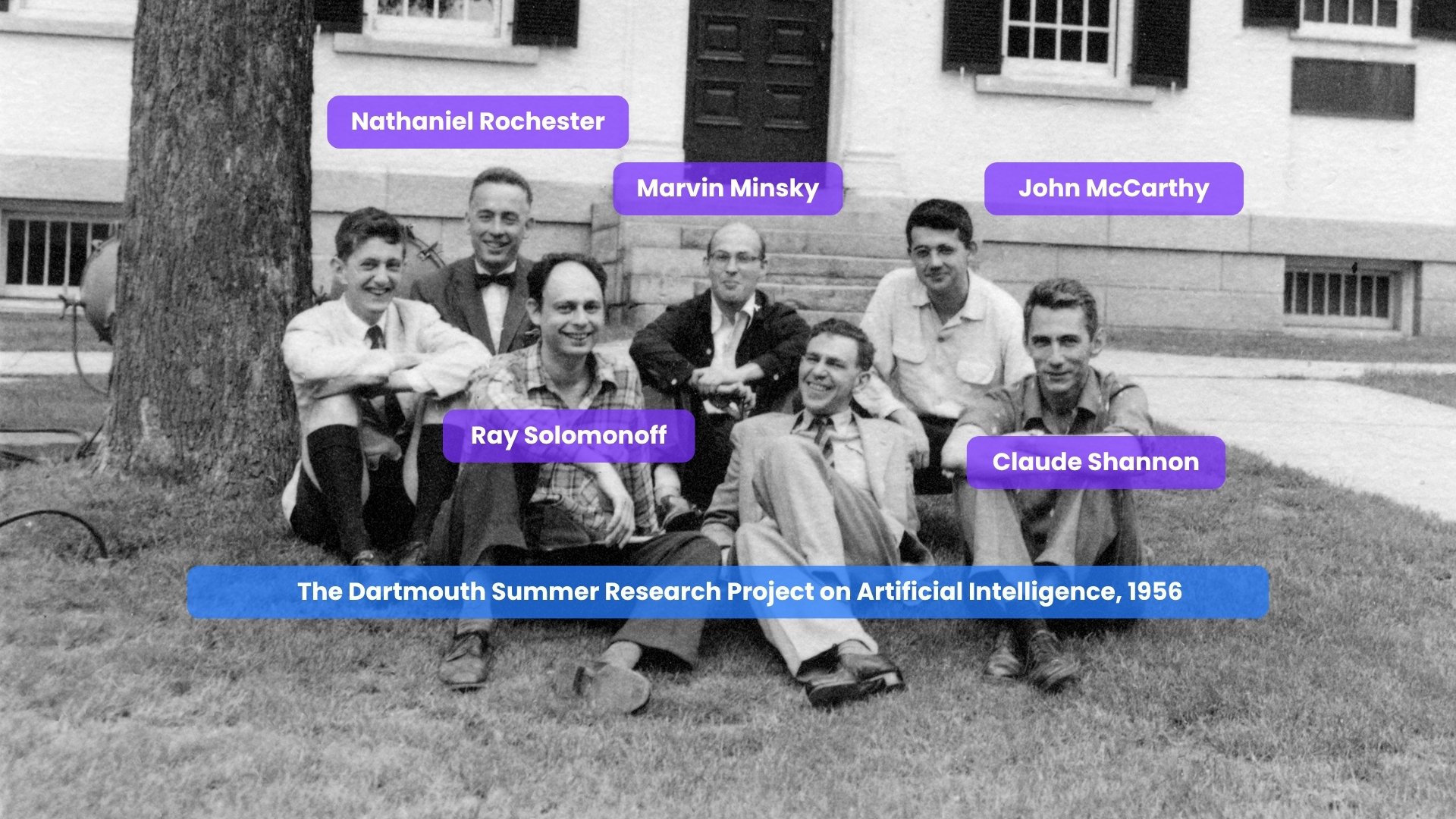 Historical photo style image of 1956 Dartmouth conference with researchers