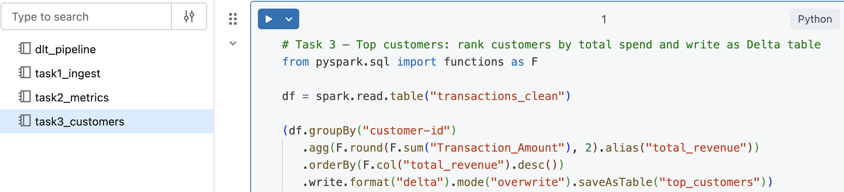 task3_customers: rank by spend
