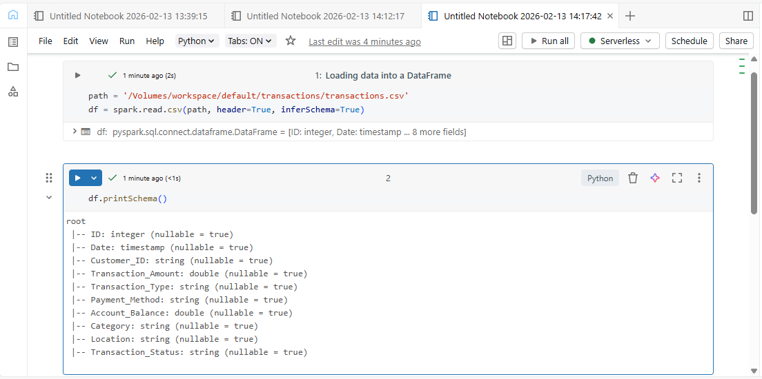 Databricks notebook with multiple cells