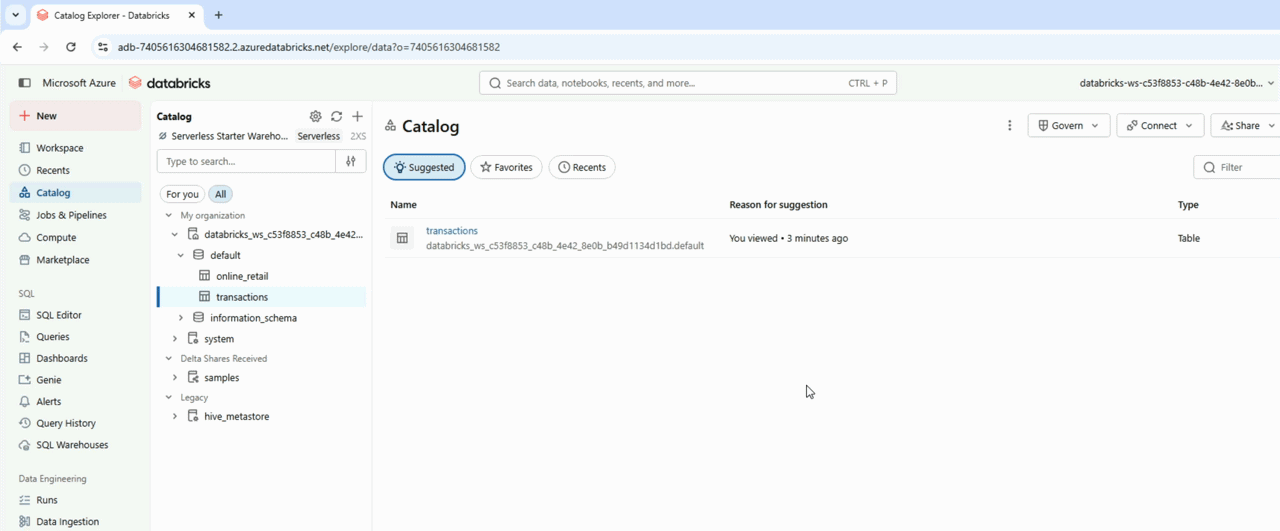 Catalog UI showing a volume with Upload to volume option