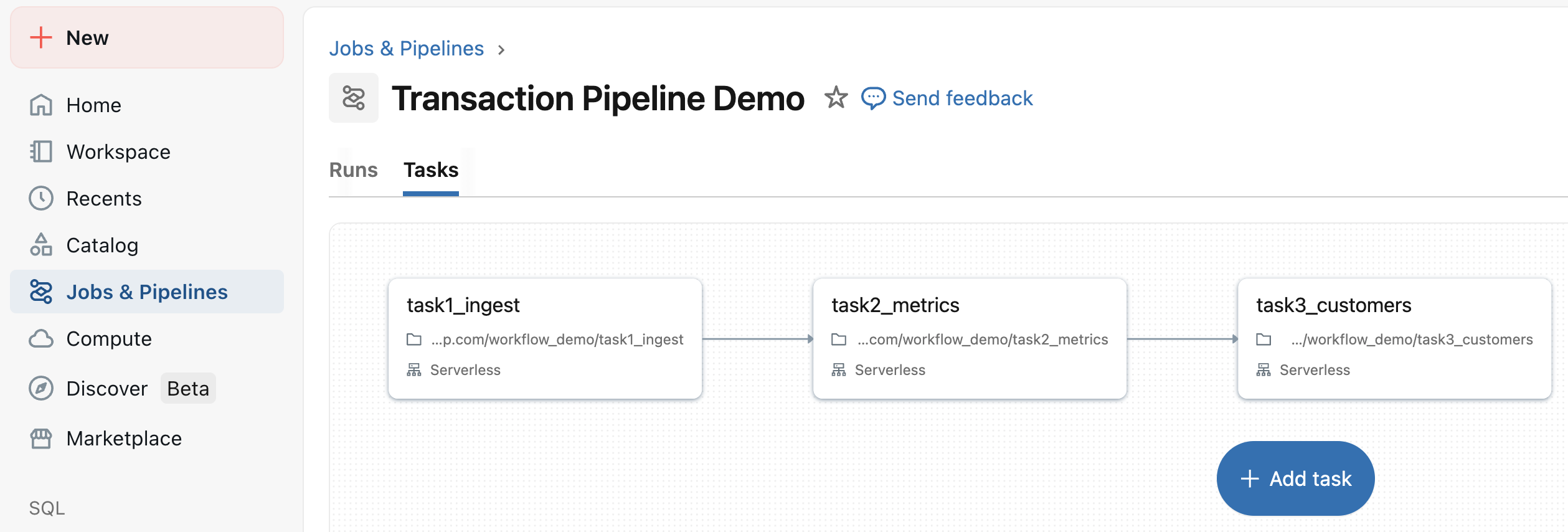 Jobs and Pipelines UI showing completed three-task job DAG with dependency arrows from task1_ingest to task2_metrics to task3_customers