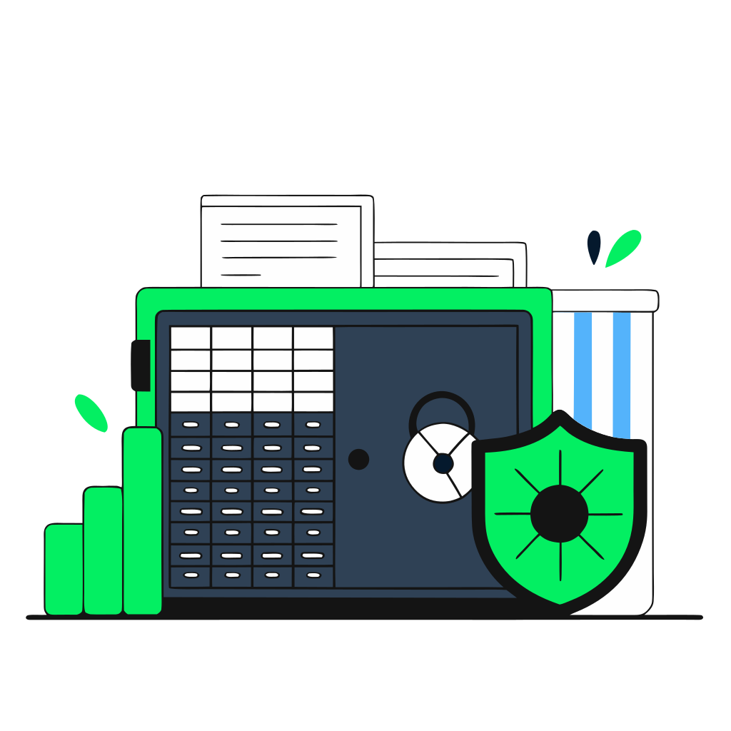A secure glowing digital vault with organized data tables and a protective shield, flat modern style