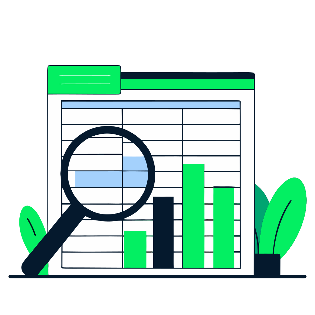 recraft: half: A magnifying glass over rows of spreadsheet data with highlighted calculated values